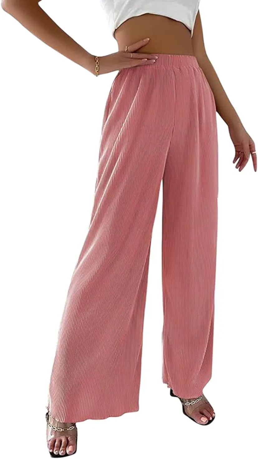 yoeasy Women's Summer Pleated High Elastic Waist Long Pants Fashion Casual Trousers with Pockets
