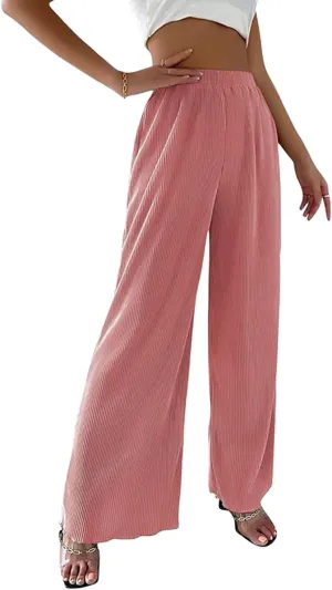 yoeasy Women's Summer Pleated High Elastic Waist Long Pants Fashion Casual Trousers with Pockets