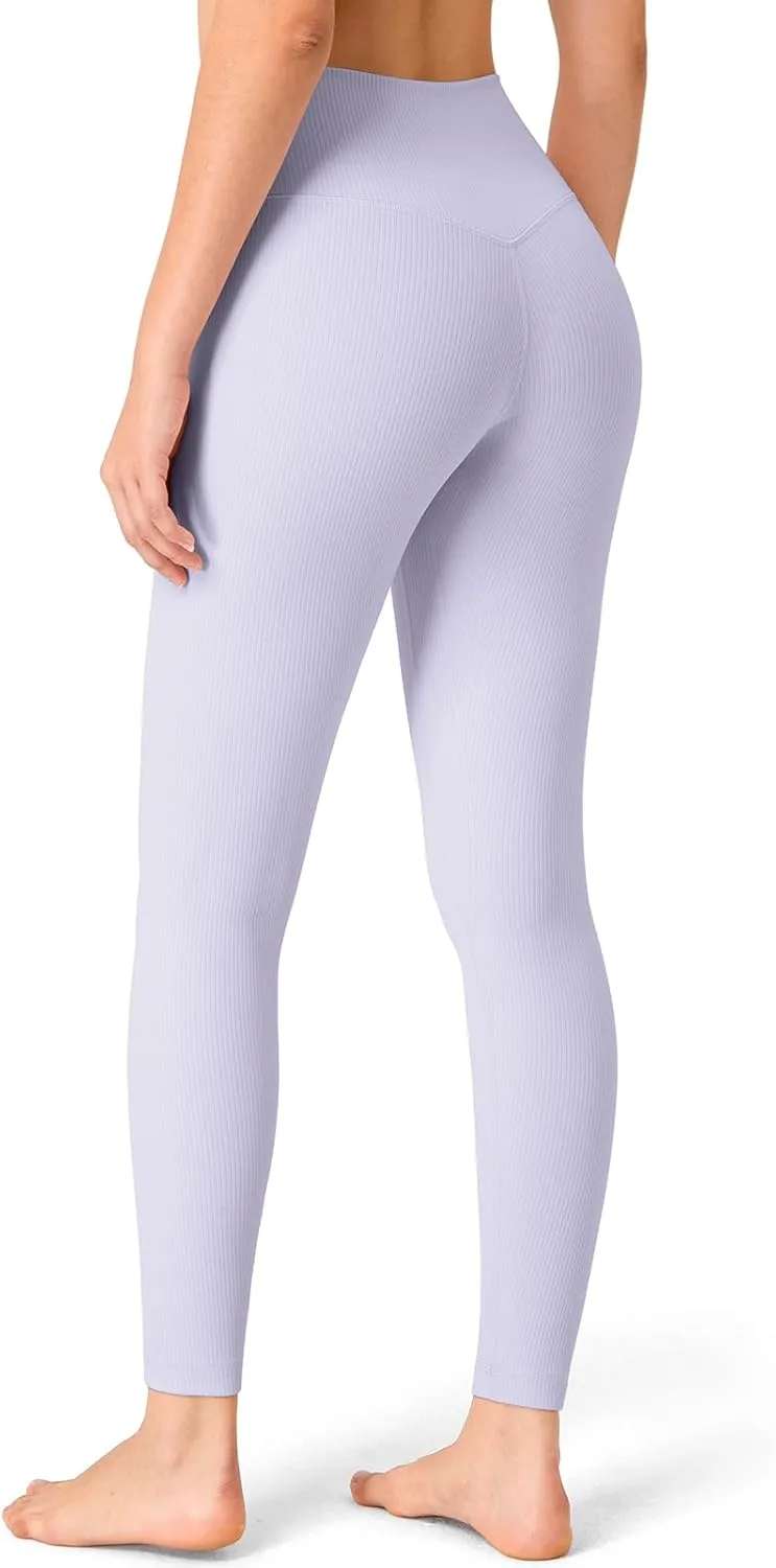 YUNOGA Women's Ribbed High Waisted Tummy Control Leggings Buttery 25" Inseam Workout Yoga Pants