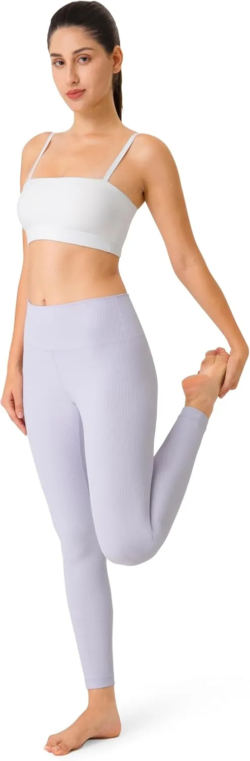 YUNOGA Women's Ribbed High Waisted Tummy Control Leggings Buttery 25" Inseam Workout Yoga Pants