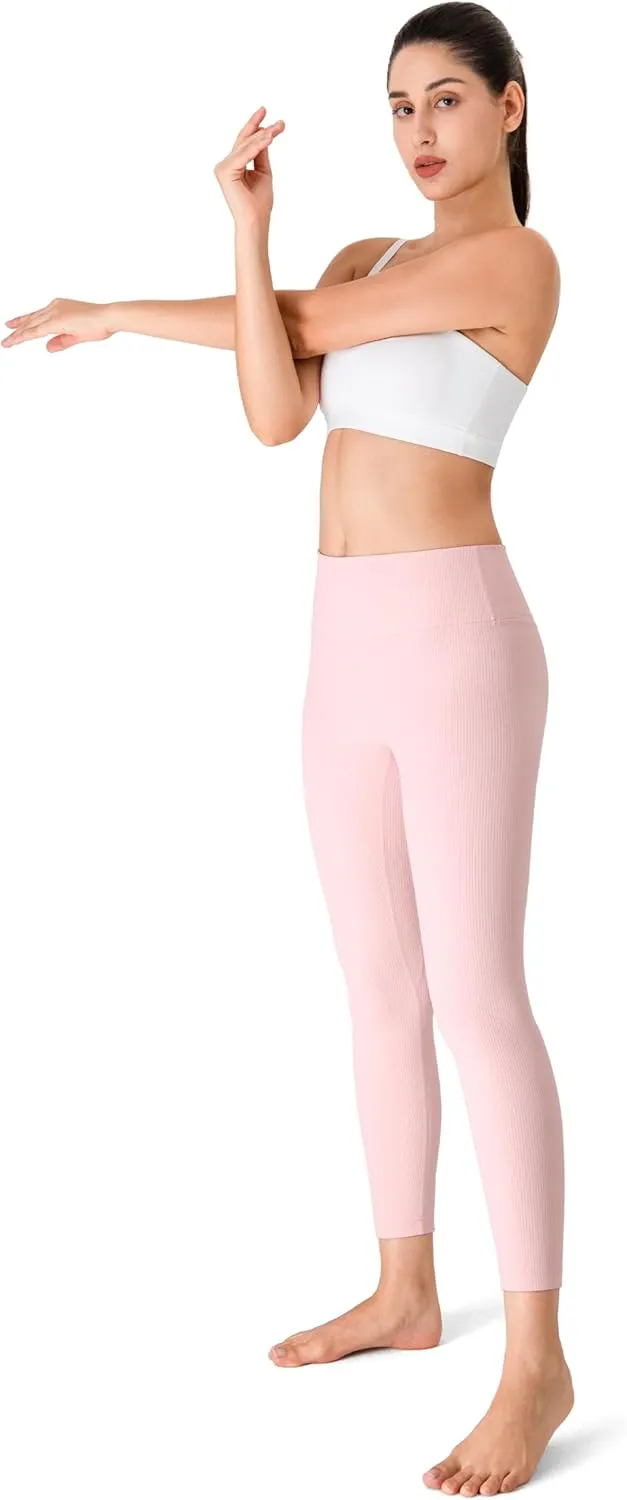 YUNOGA Women's Ribbed High Waisted Tummy Control Leggings Buttery 25" Inseam Workout Yoga Pants