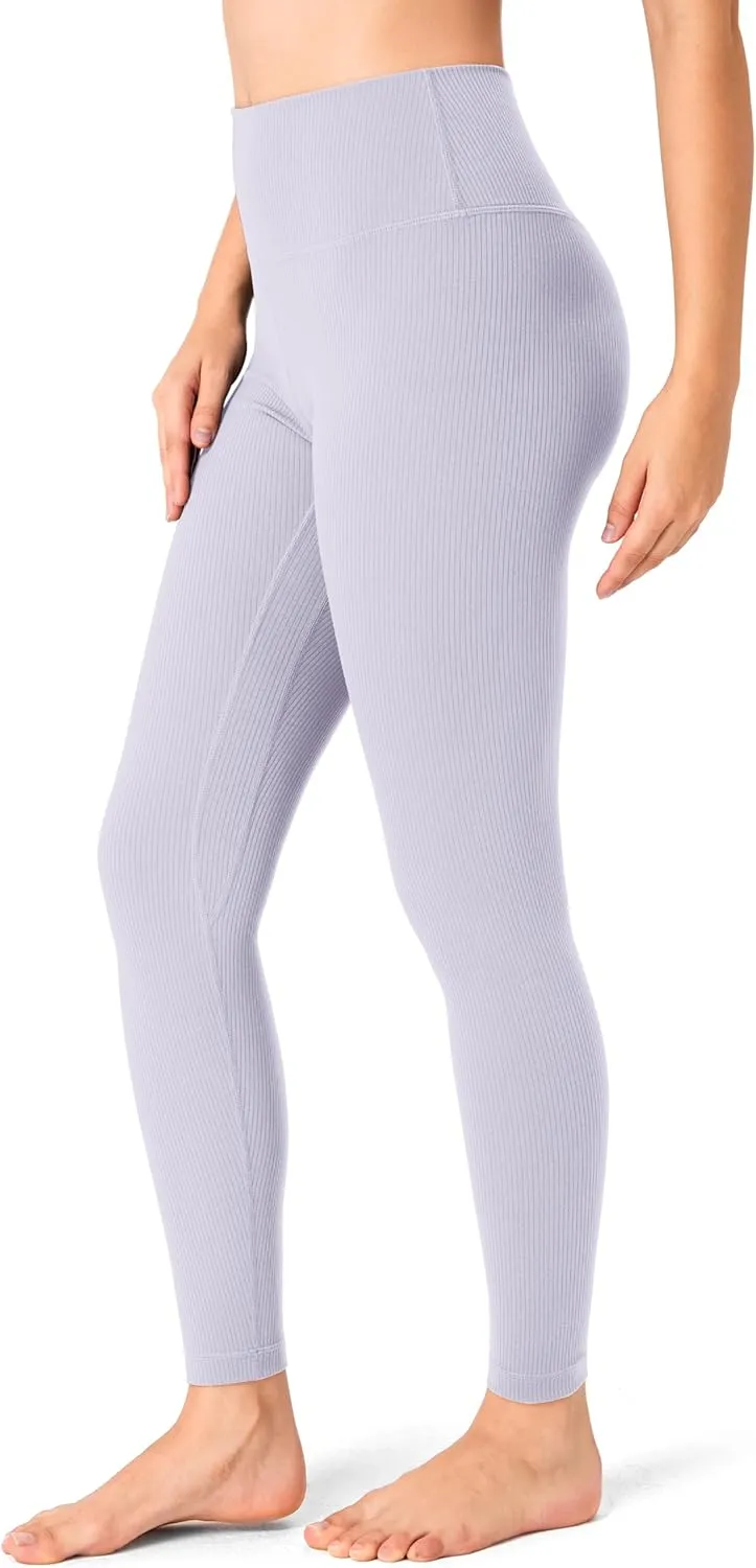 YUNOGA Women's Ribbed High Waisted Tummy Control Leggings Buttery 25" Inseam Workout Yoga Pants