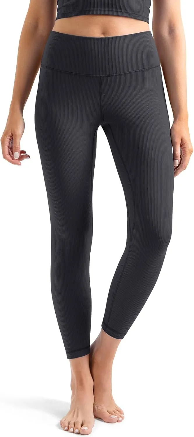YUNOGA Women's Ribbed High Waisted Tummy Control Leggings Buttery 25" Inseam Workout Yoga Pants